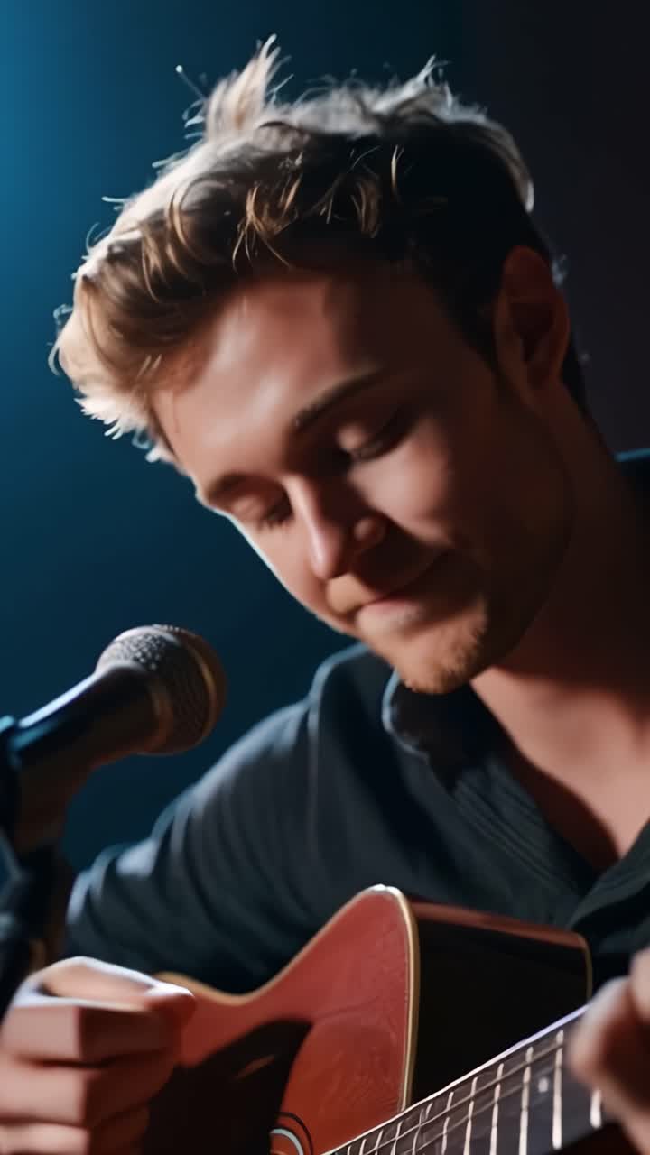 Un musicista solenne suona la chitarra, catturando l'essenza della malinconia in una performance intima sotto una luce soffusa, con emozione e passione concentrate.