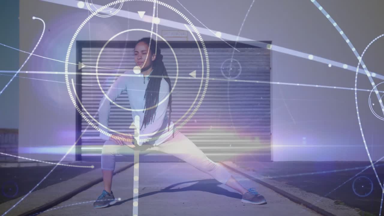 Stepping into frame, athlete lunging sideways with graphics swirling and intensifying for fitness