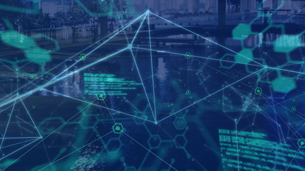 Animation of network of connections and data processing over cityscape
