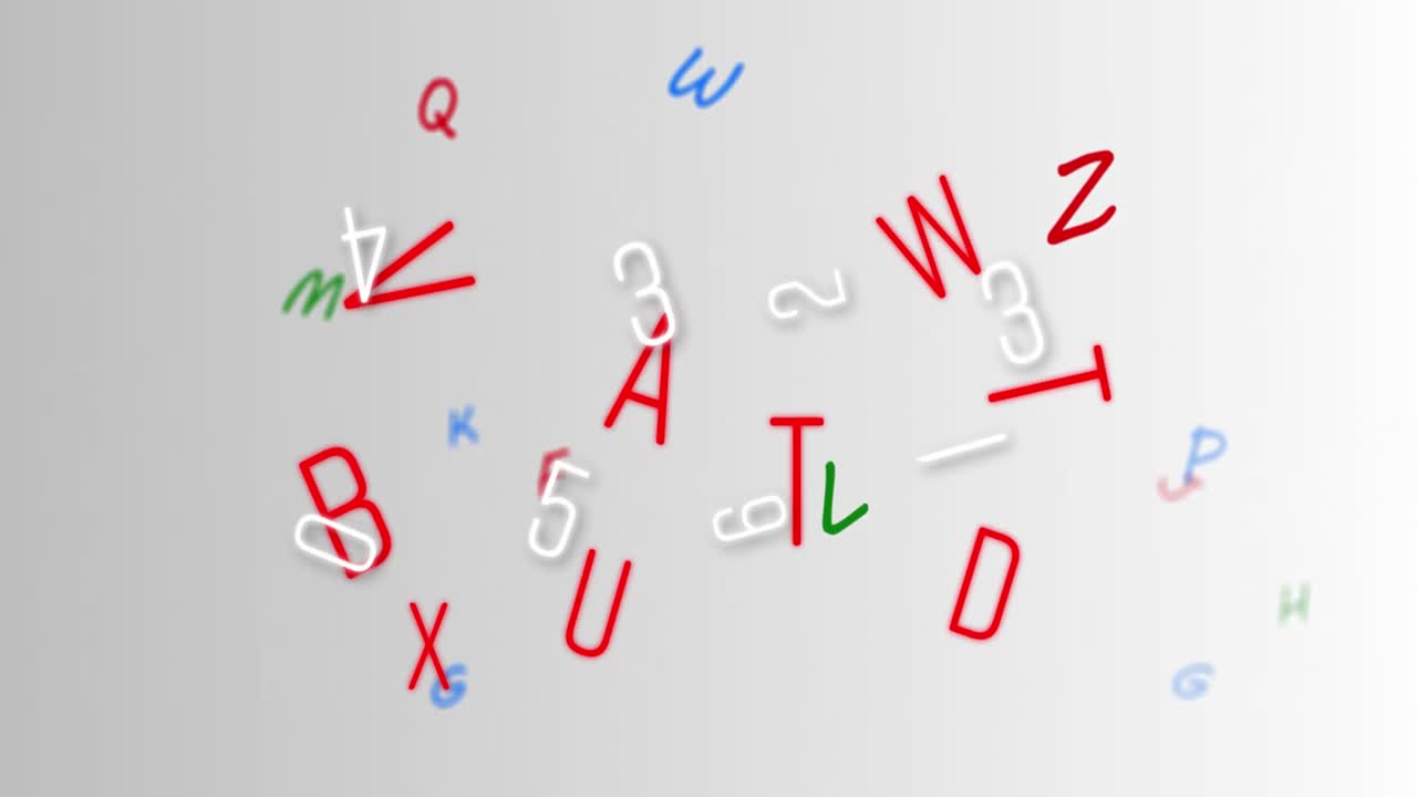 Digital animation of multiple changing numbers and alphabets against grey background
