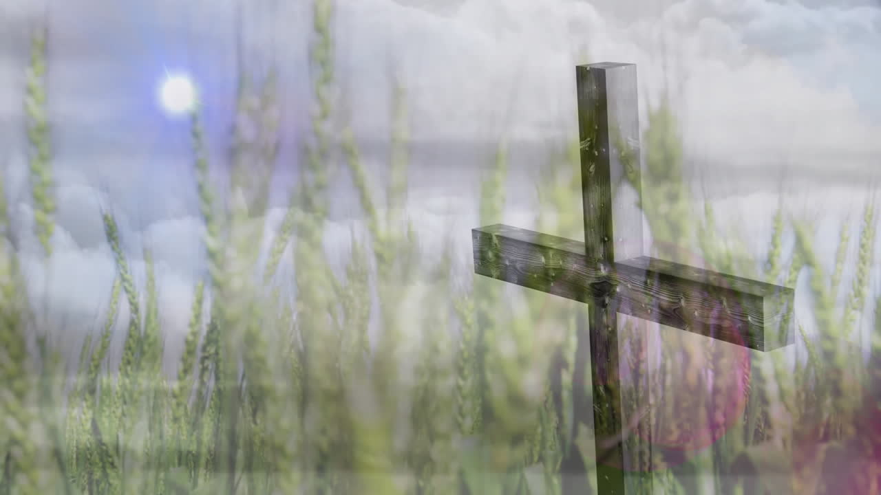 Standing in field, wooden cross with animation under cloudy sky