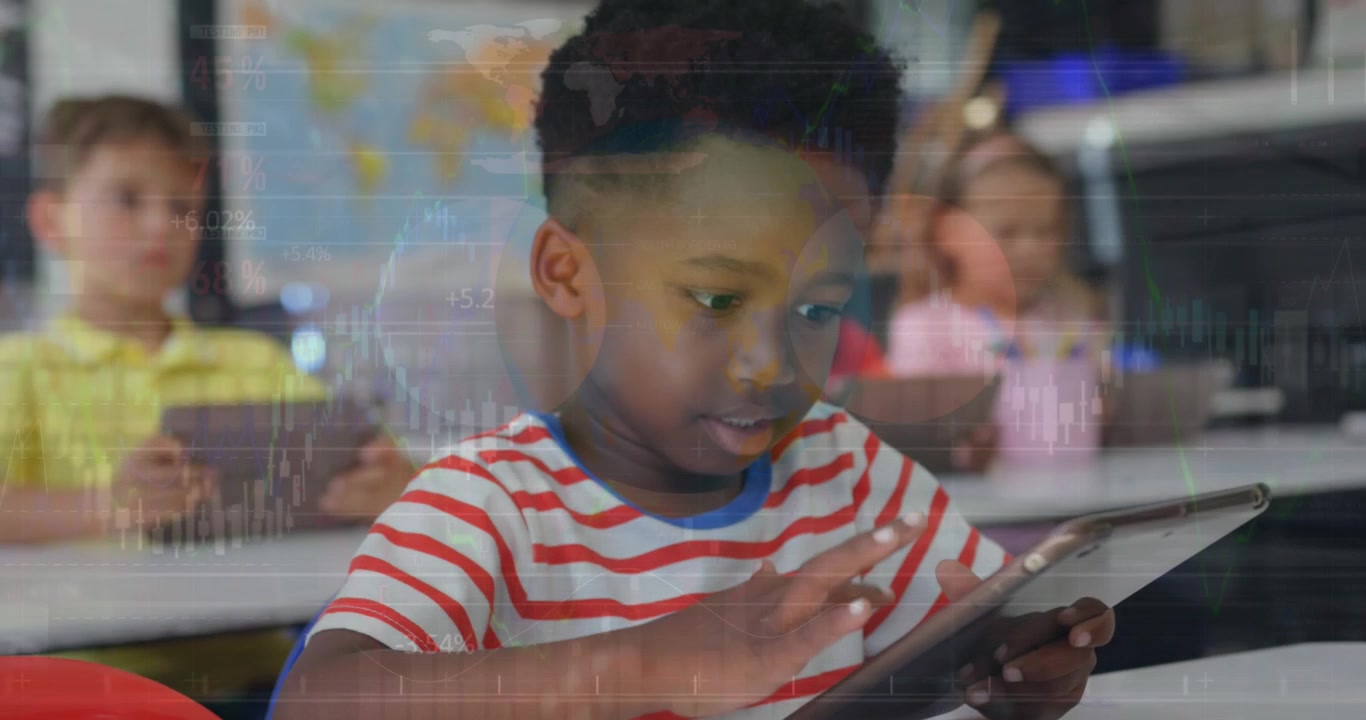 Animation of african american cute boy using digital tablet in classroom over infographic interface