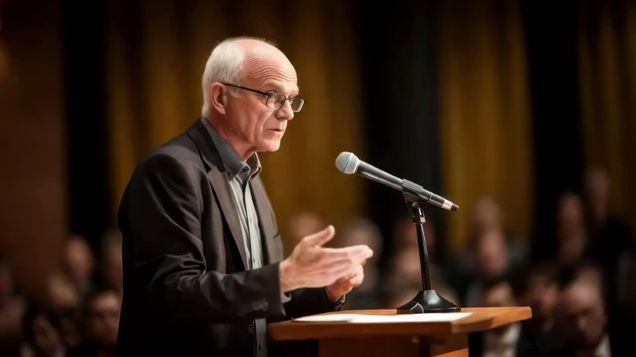 A video still of a man speaking at a podium, captured from a side angle