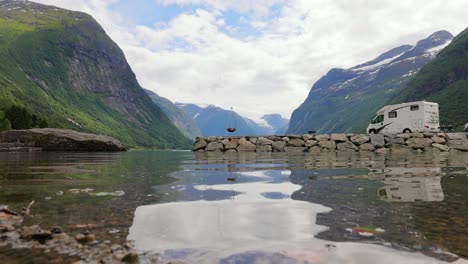 family vacation travel rv, holiday trip in motorhome. beautiful nature norway natural landscape.