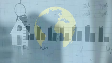 animation of statistical data processing over globe and house keys