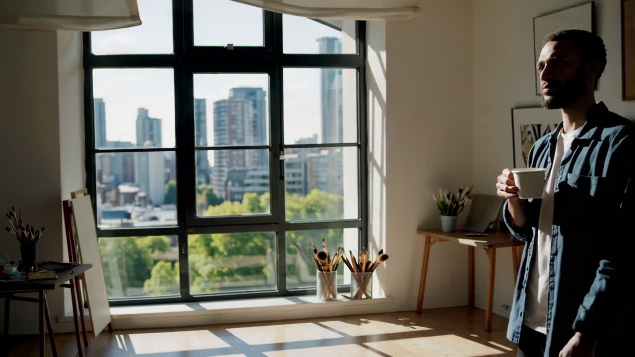 A man drinks from a mug in a sunlit artist's studio with a city view