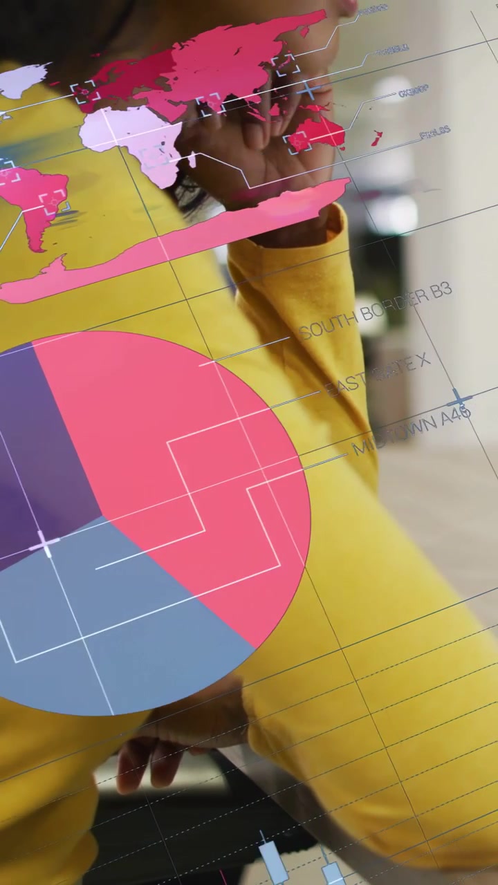 Vertical video: Woman lifting phone, cupping chin in biz, starting bars sliding 45% 71% 68% pie map