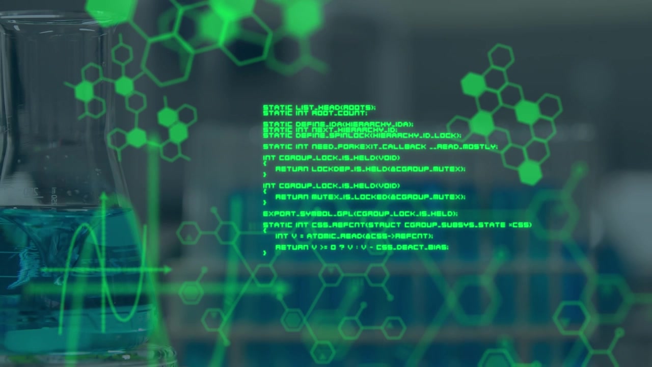 Animation of data processing and chemical formula over beaker in lab