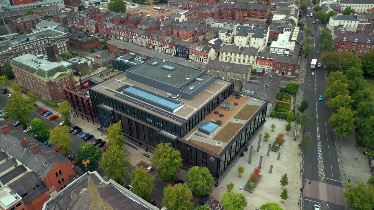 Aerial View of City Buildings and Church