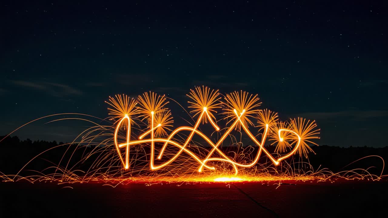 Mesmerizing Display of Fire Sparklers Creating Intricate Patterns Against a Starry Night Sky, Adding a Magical Touch to the Landscape with Brilliant Light Trails
