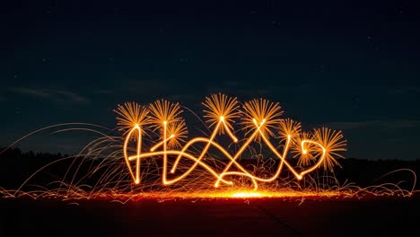 mesmerizing display of fire sparklers creating intricate patterns against a starry night sky, adding a magical touch to the landscape with brilliant light trails