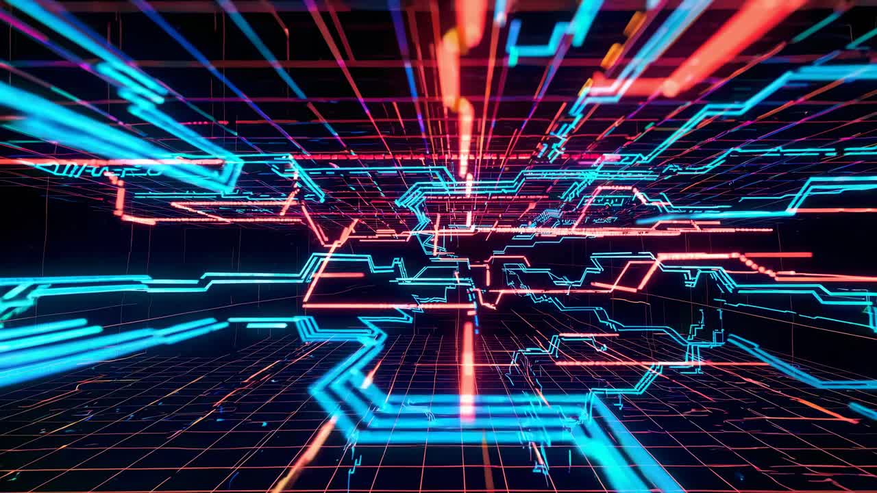 Futuristic digital grid with neon lines in a 3D perspective. Dynamic video style with a low-angle