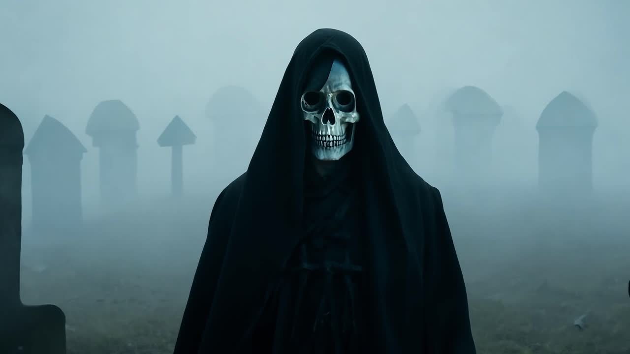 Figure in a black robe and skull makeup walks through a foggy cemetery, approaching the camera with an eerie presence