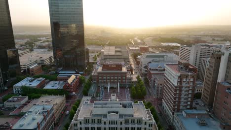 Aerial-shot-of-downtown-city-in-early-morning