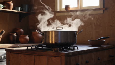 rustic kitchen with boiling pot