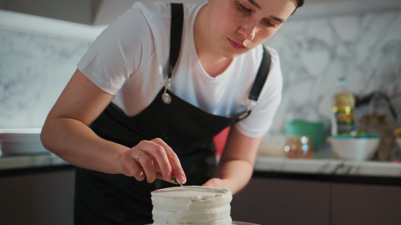 Kvinne fokuserer intenst mens hun dekorerer en lagdelt kake. Hun har på seg svart forkle og hvit skjorte. Kjøkkenbakgrunnen har marmorbenkeplater og bakeutstyr. Ansiktsuttrykket hennes viser rolig konsentrasjon.