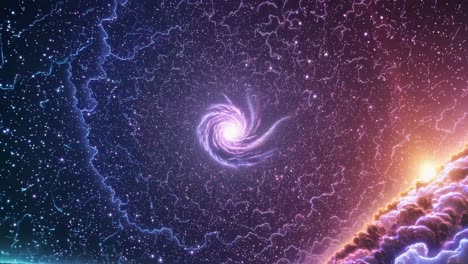 cosmic clouds and a swirling nebula create a mesmerizing spectacle, illuminating the vast expanse of space with vibrant hues of purple, orange, and twinkling stars