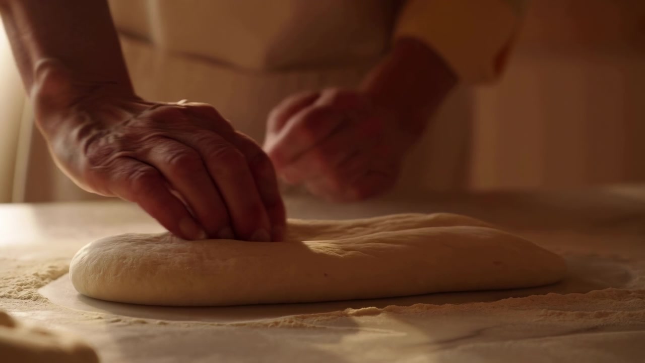 Close-up sequence of baker's hands pressing, flattening, and smoothing proofed round dough disk on floured countertop