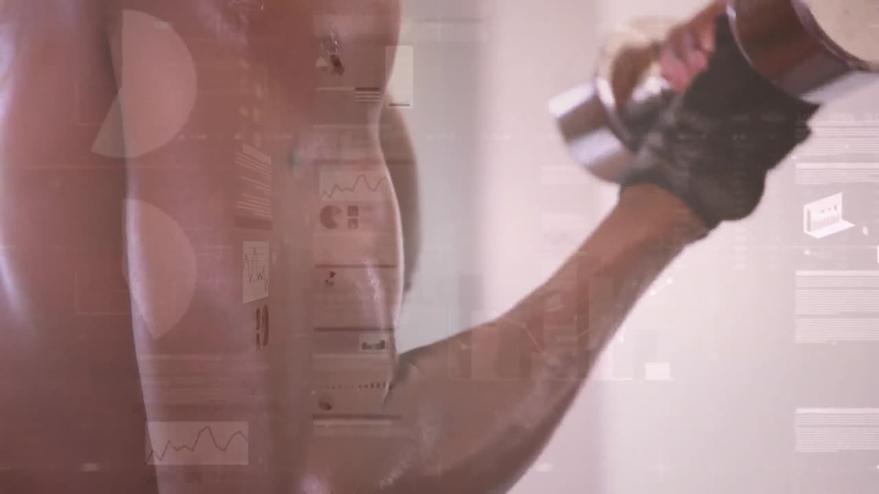 강한 남자가 무게를 들어 올리는 데이터 처리의 애니메이션