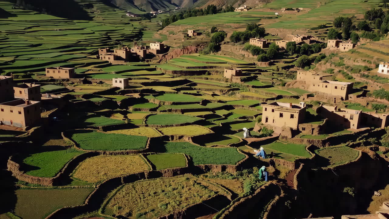 Terraced Rice Paddies and Village in Mountains