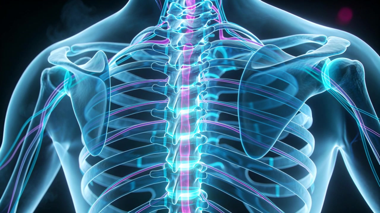 Reprodução começando, torso 3D pulsando canal espinhal ciano e traçando nervos roxos em estúdio para estudo.