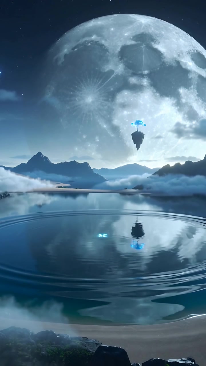 Video verticale: Lago increspato che riflette la luna e un'isola galleggiante, reagisce a un impulso blu sulla costa.