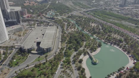 Aerial-rising-shot-of-the-artificial-Paseo-Santa-Lucia,-Monterrey,-Nuevo-Leon