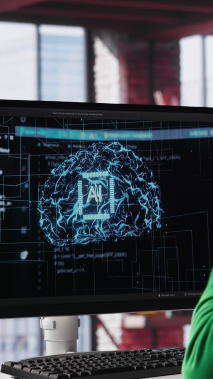 Vertical Video System engineer coding AI brain model of neural network for machine learning
