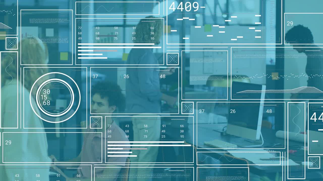 woman approaching man shaking hands opening tech talk with digital HUD updating while peer typing