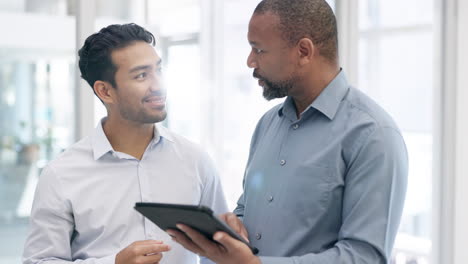planning, tablet and business men in discussion