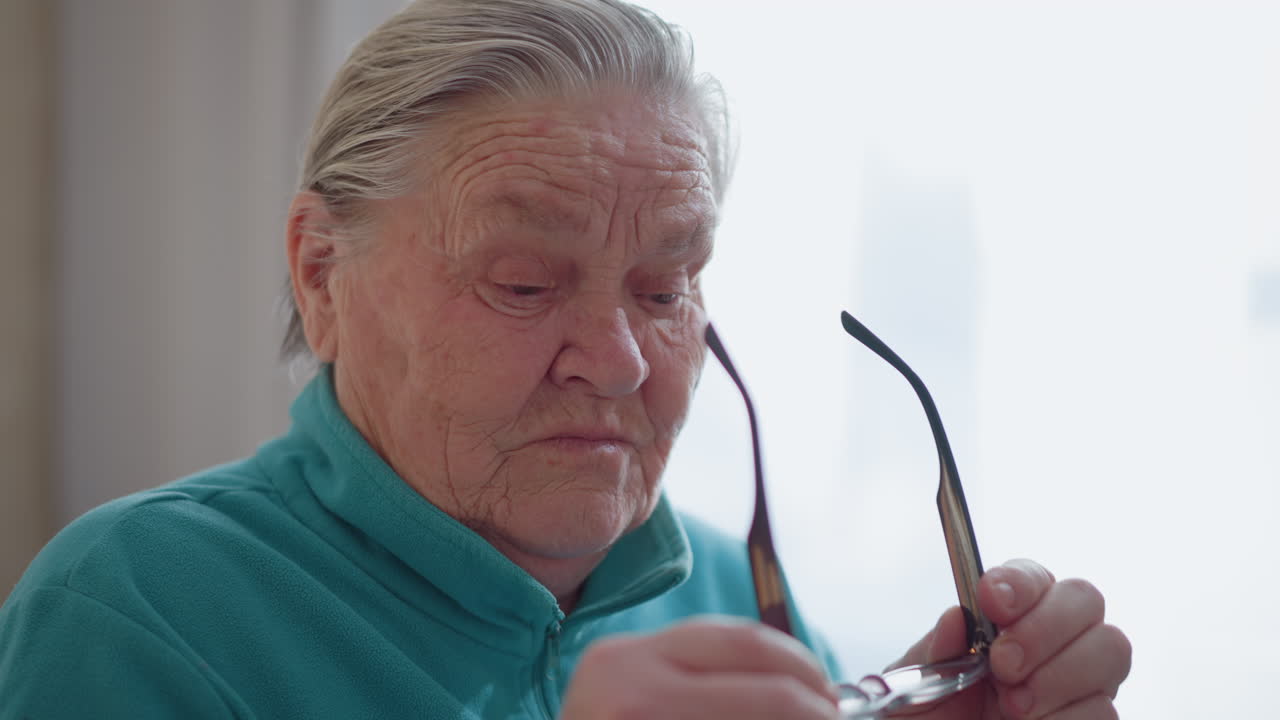 Elderly woman in teal green sweater sitting on bed, looking down while adjusting glasses, focused expression, soft natural light filtering through window, peaceful atmosphere in serene home setting