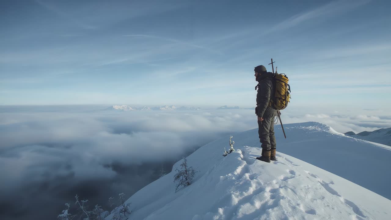 Standing hiker surveying clouds on snowy ridge as camera pans, in parka carrying pack, copy space