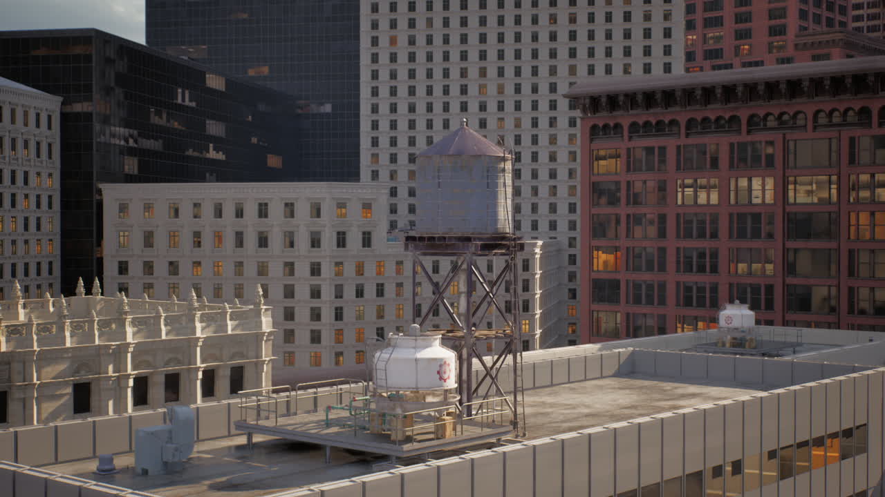 Water tower atop city buildings during sunset in an urban landscape