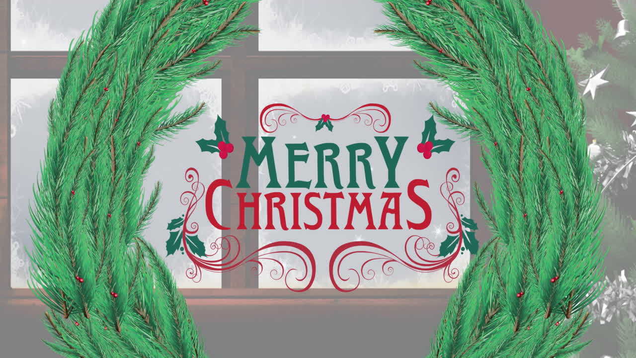 Animation of merry christmas text over fir tree and window