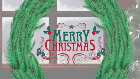 animation of merry christmas text over fir tree and window