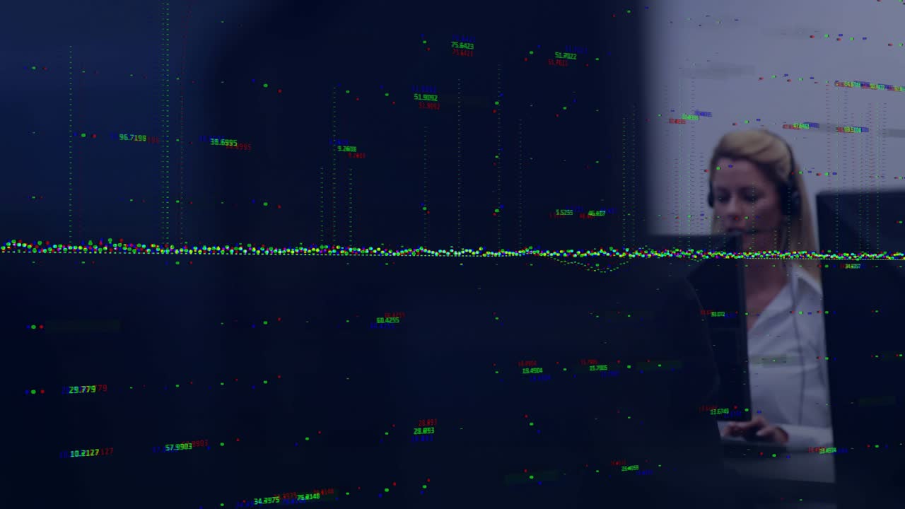 Seated woman putting on headset, typing in tech desk while globe projects data speckle for calls