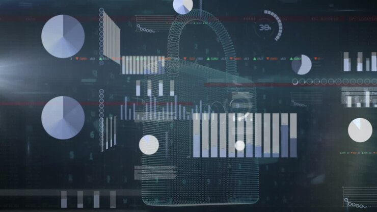 Animation of financial data processing over online security padlock