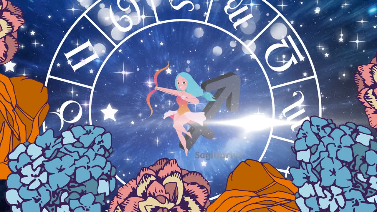 Animation of sagittarius star sign and horoscope zodiac sign wheel on purple background
