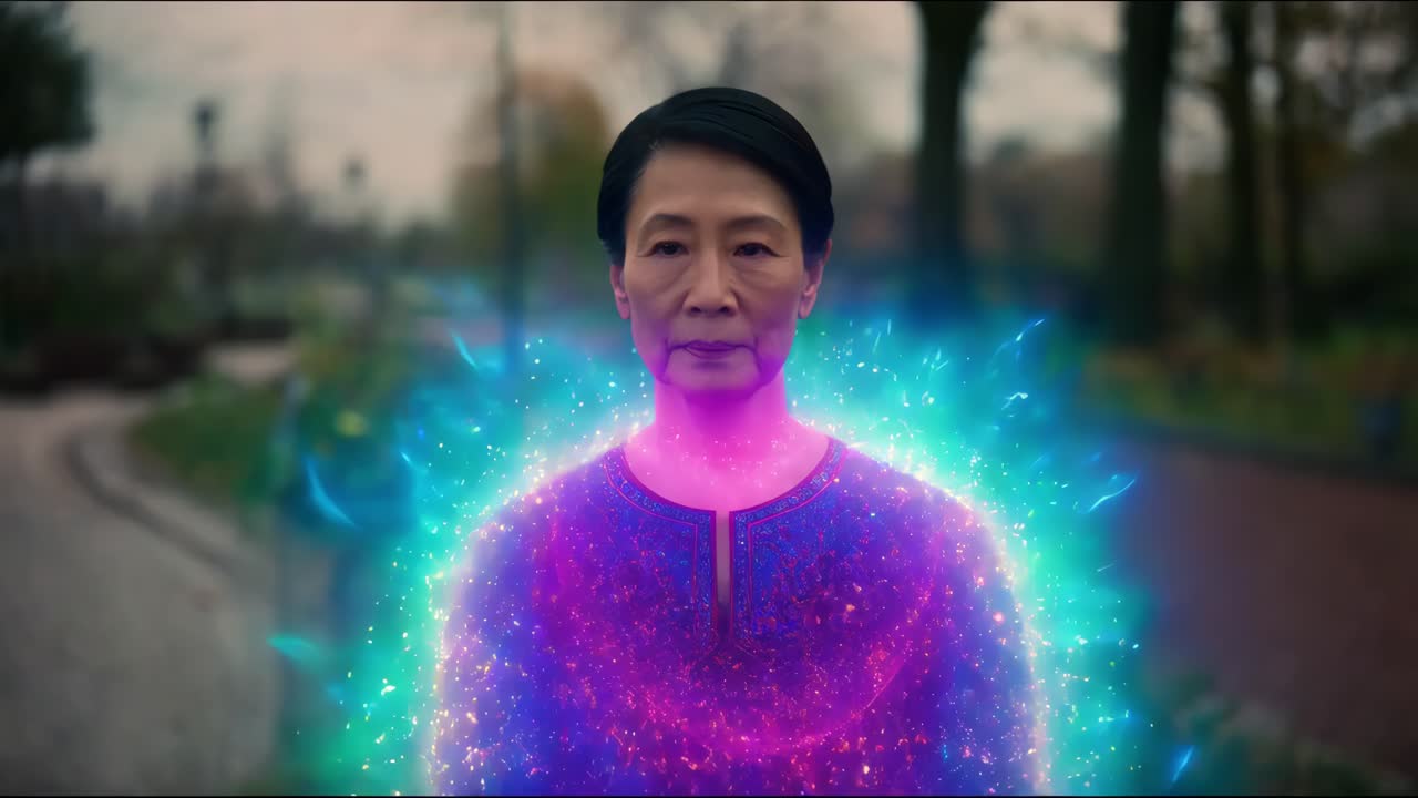 donna anziana con un'aura luminosa nel parco