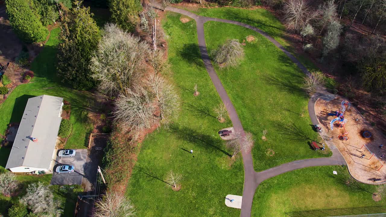 4K aerial drone shot overlooking a public park in Portland, Oregon
