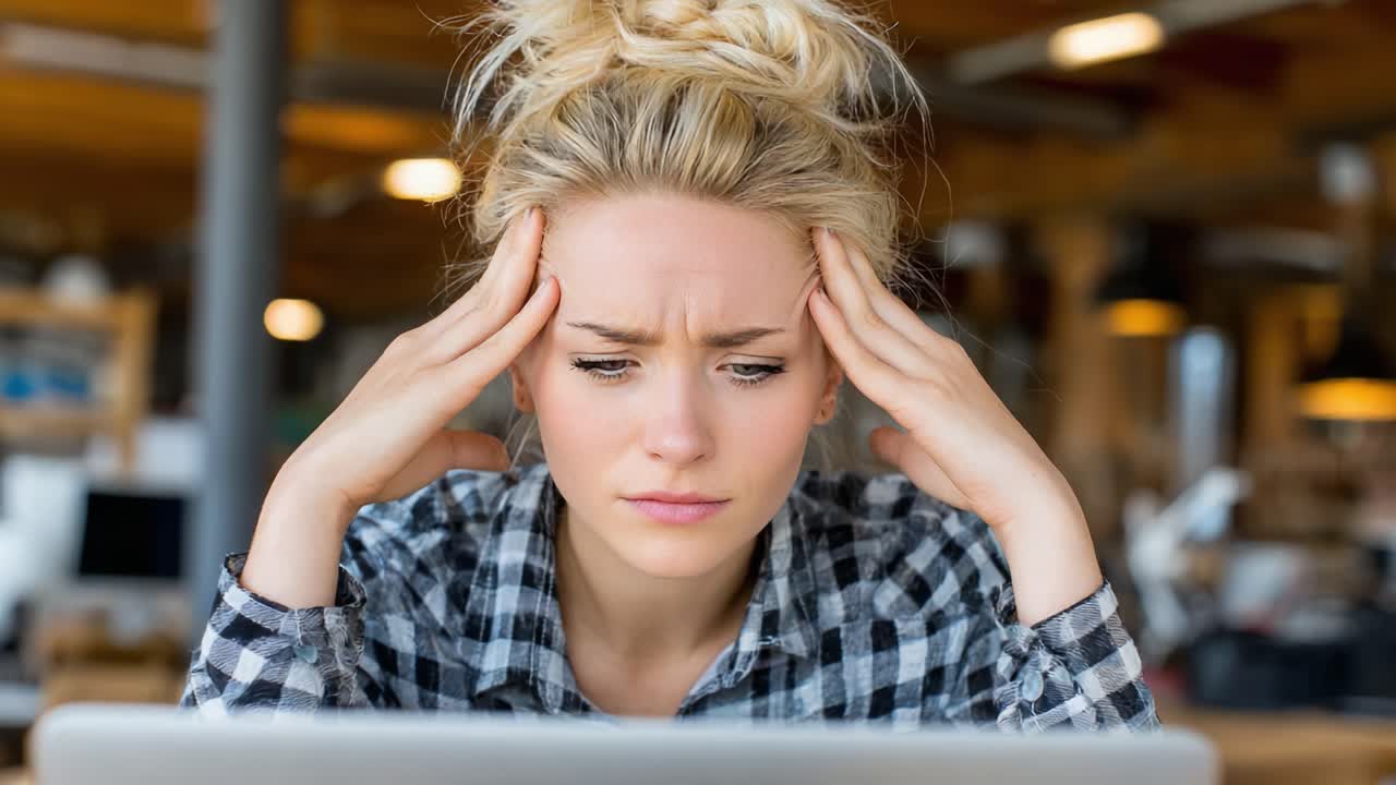 A Young Woman Exhibiting Signs of Stress and Frustration While Working on Her Laptop in a Comfortable Indoor Environment, Struggling with Her Tasks
