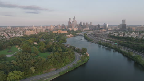 aerial view of philadelphia at sunset. shot above the schuylkill river and fairmount park