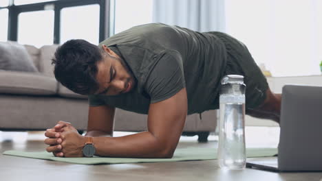 Übung,-Plank-Und-Mann-Mit-Laptop-Für-Ein-Video