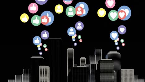 animation of multiple colourful digital social media icons flying over cityscape