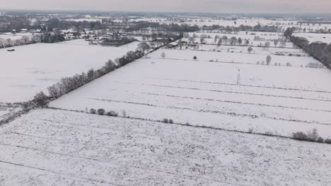 Vista-Aérea-De-Una-Granja-Nevada-Con-Caballos-En-El-Norte-De-Alemania.