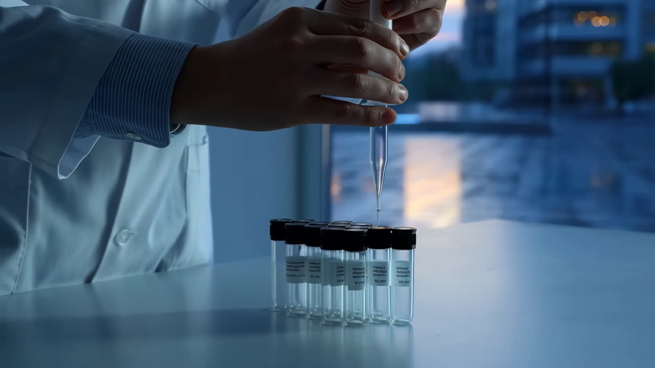 A scientist in a lab coat pipetting liquid into vials during an experiment