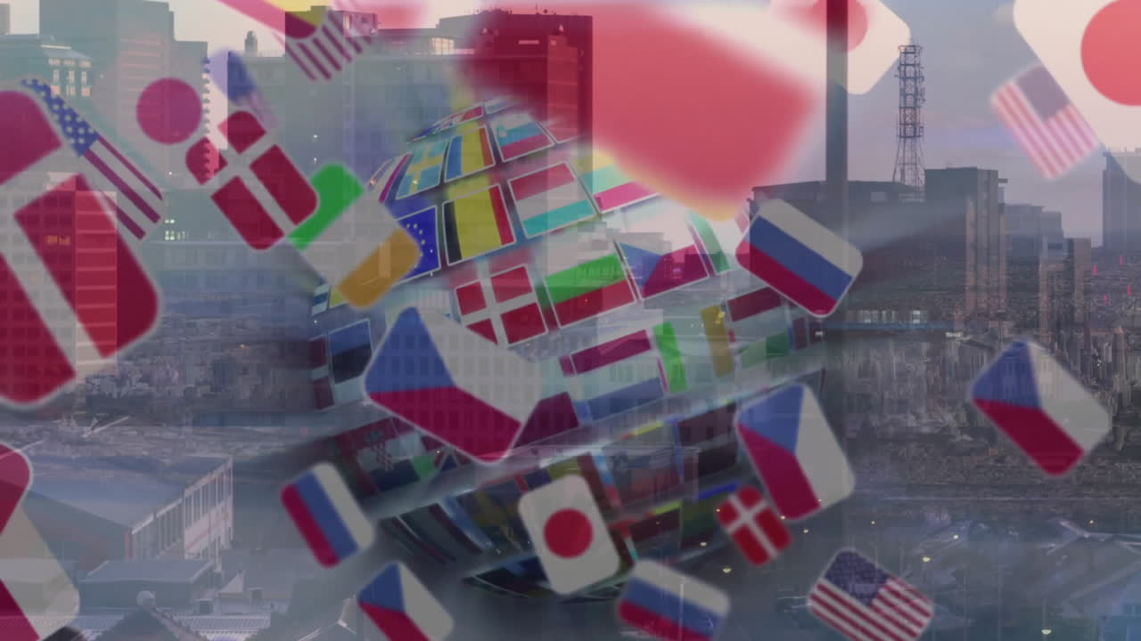 Flag-bearing cubes forming globe spinning over urban skyline, showcasing semi-transparent 3D render
