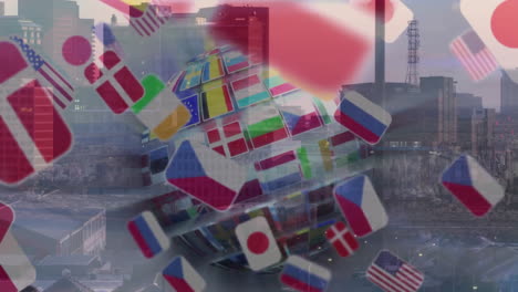 flag-bearing cubes forming globe spinning over urban skyline, showcasing semi-transparent 3d render