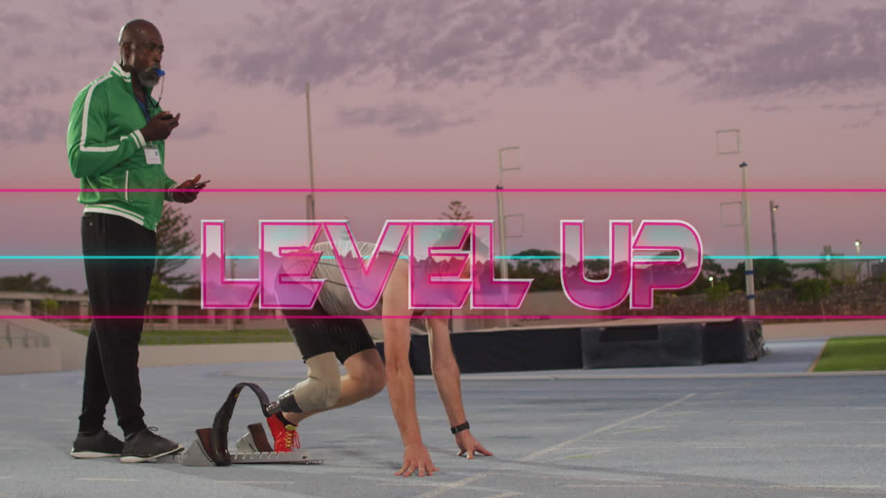 인공 다리 달리는 두 인종 운동 선수와 함께 레벨 업 텍스트의 애니메이션