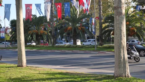 turkish city street with flags and palm trees